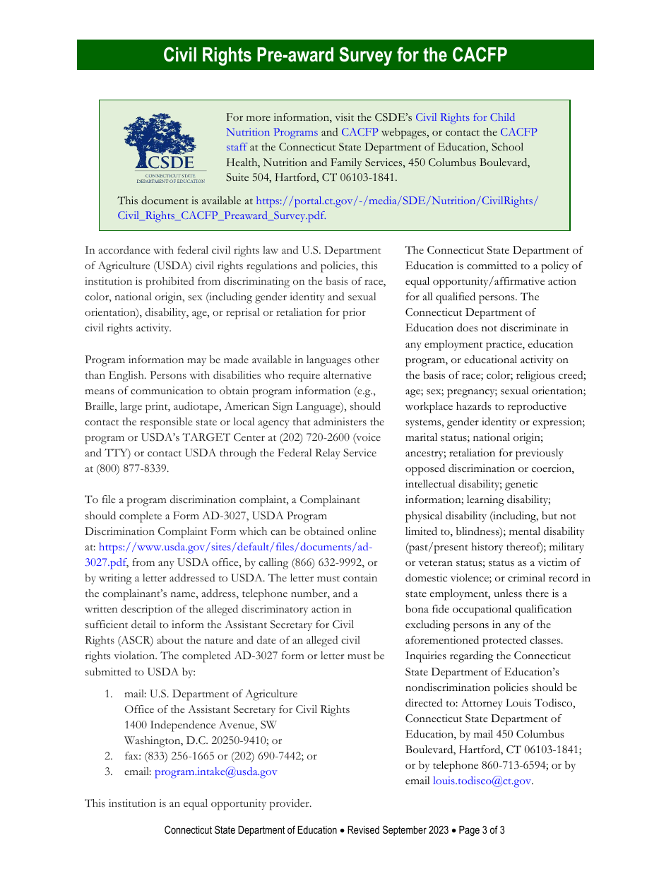 Civil Rights Pre-award Survey for the Child and Adult Care Food Program (CACFP) - Connecticut, Page 3