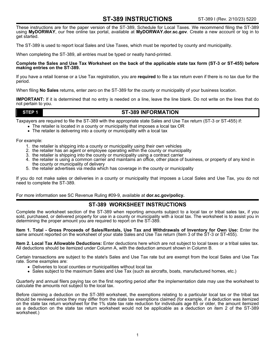Instructions for Form ST-389 Schedule for Local Taxes - South Carolina, Page 1
