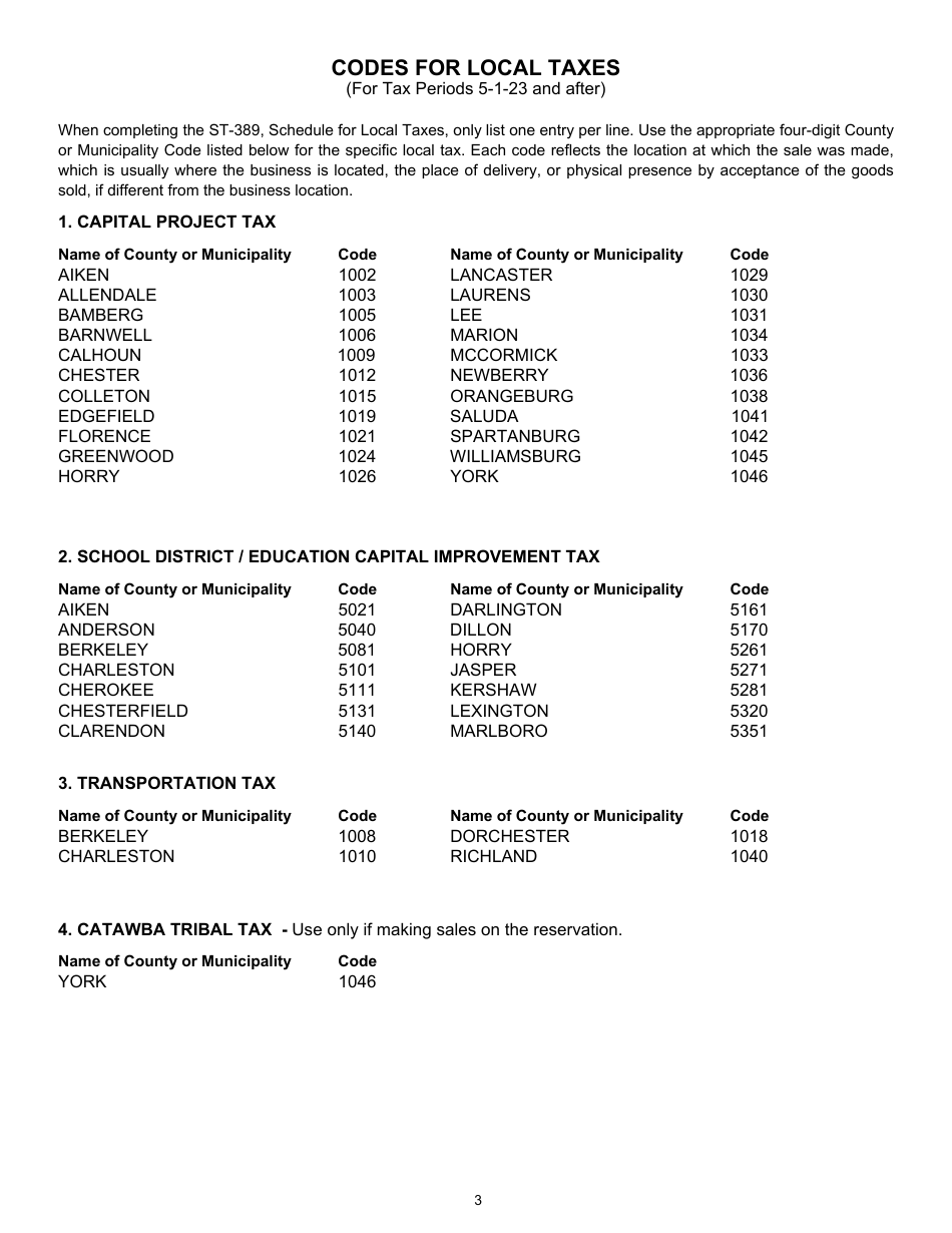 Instructions for Form ST-389 Schedule for Local Taxes - South Carolina, Page 3