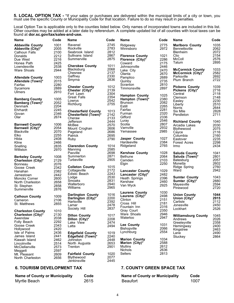Instructions for Form ST-389 Schedule for Local Taxes - South Carolina, Page 4