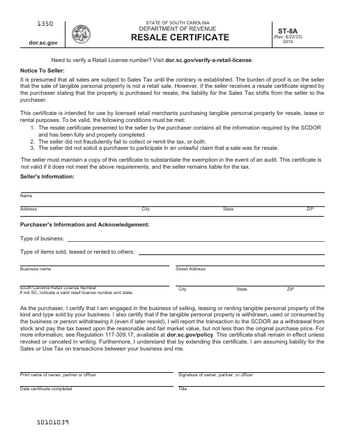 Form ST-8A Resale Certificate - South Carolina