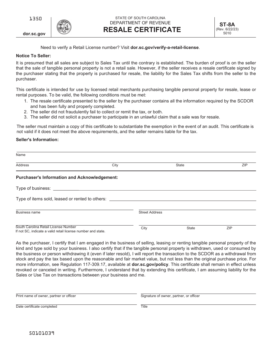 Form ST-8A Resale Certificate - South Carolina, Page 1