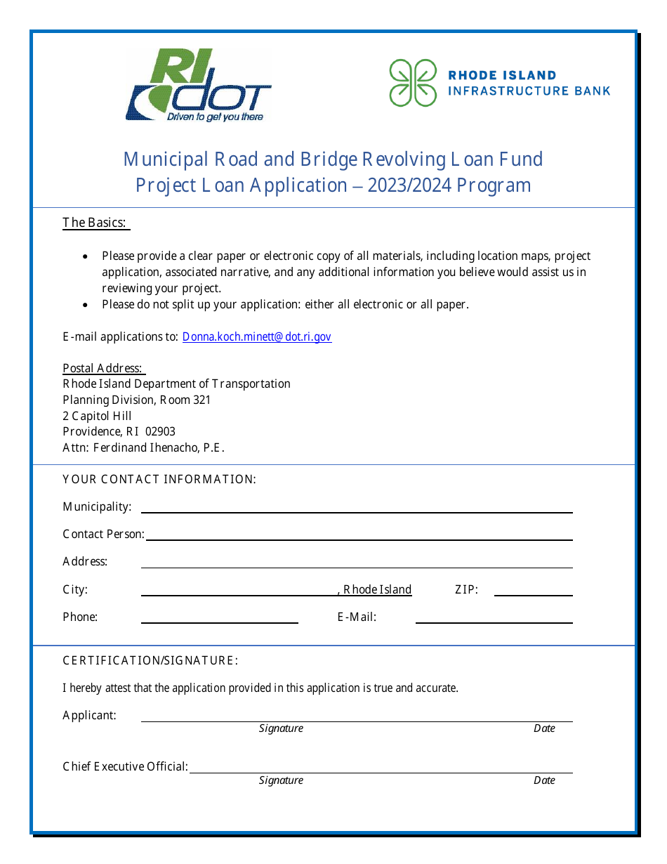 Municipal Road and Bridge Revolving Loan Fund Project Loan Application - Rhode Island, Page 1