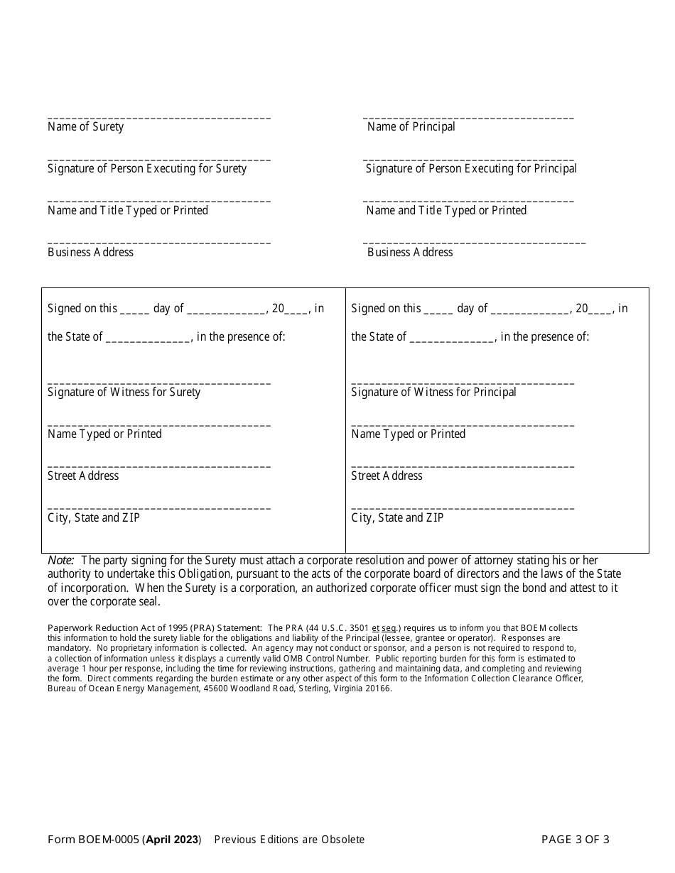 Form BOEM-0005 Outer Continental Shelf (Ocs) Renewable Energy Lessees, Grantees, and Operators Bond, Page 3