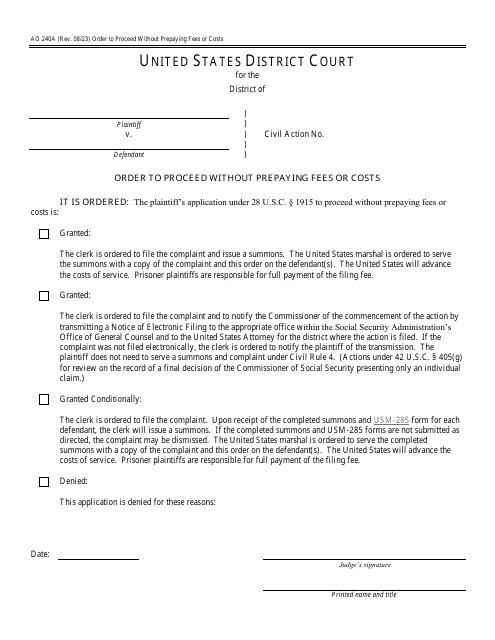 Form AO240A Order to Proceed Without Prepaying Fees or Costs