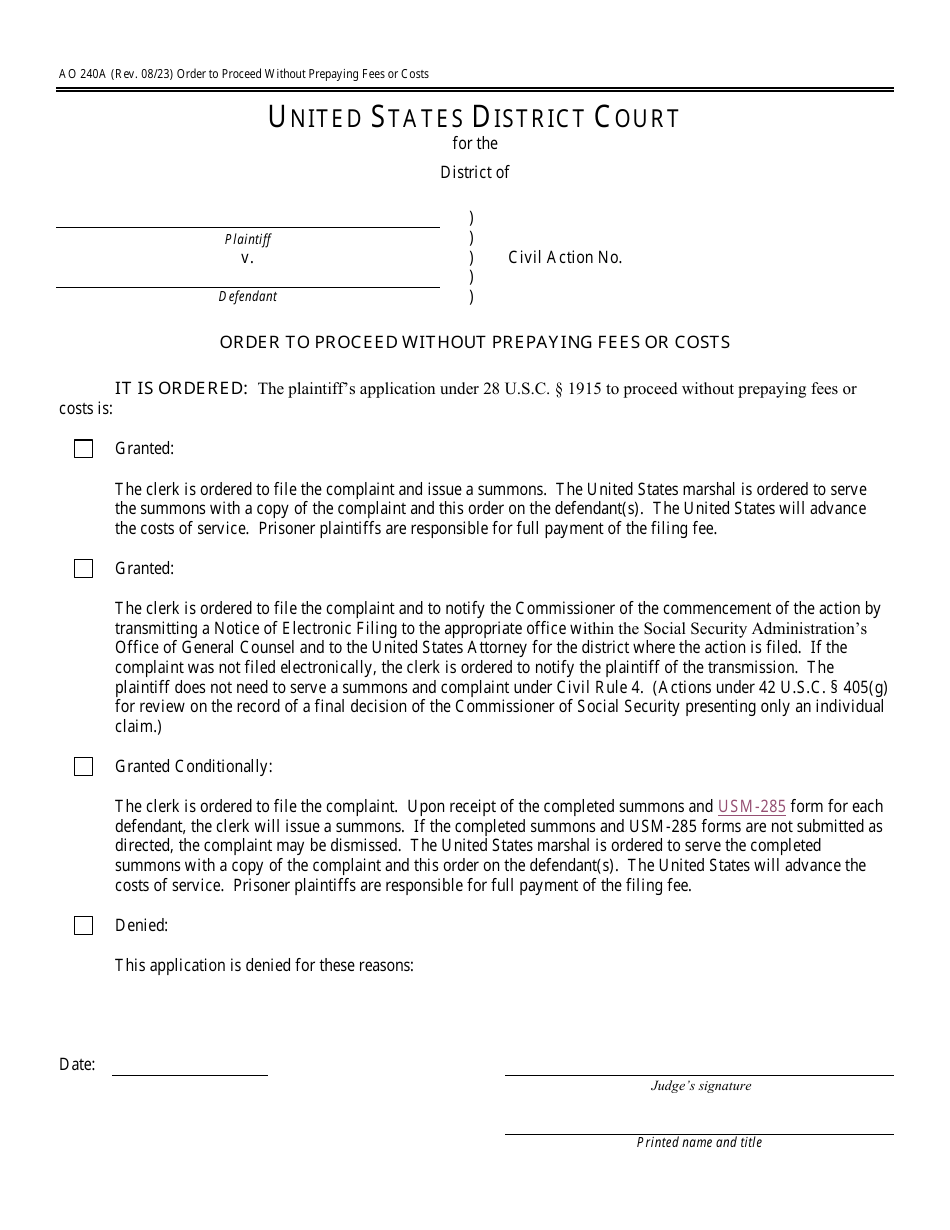 Form AO240A Order to Proceed Without Prepaying Fees or Costs, Page 1