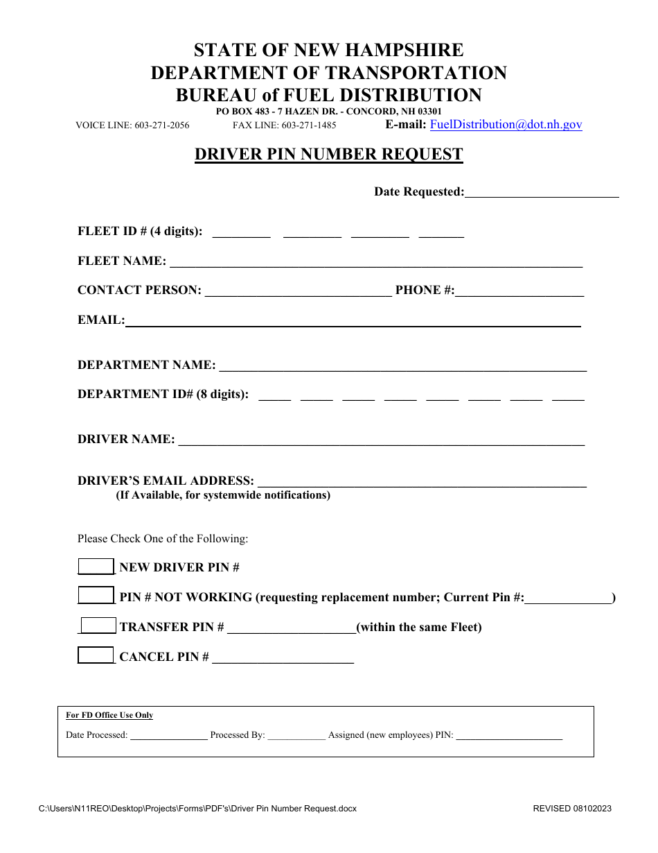 Driver Pin Number Request - New Hampshire, Page 1