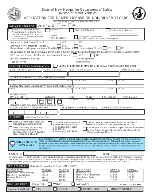 Form DSMV450 Application for Driver License or Non-driver Id Card - New Hampshire