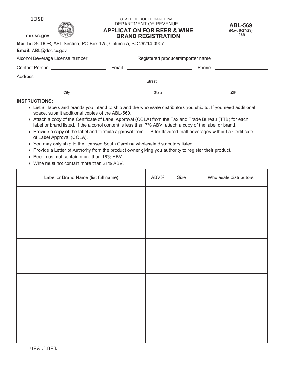 Form ABL-569 Application for Beer  Wine Brand Registration - South Carolina, Page 1
