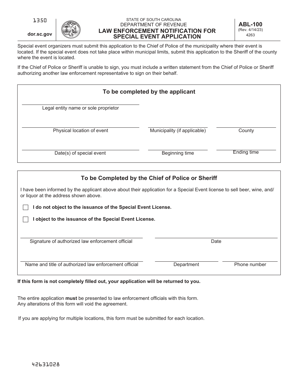 Form ABL-100 Law Enforcement Notification for Special Event Application - South Carolina, Page 1
