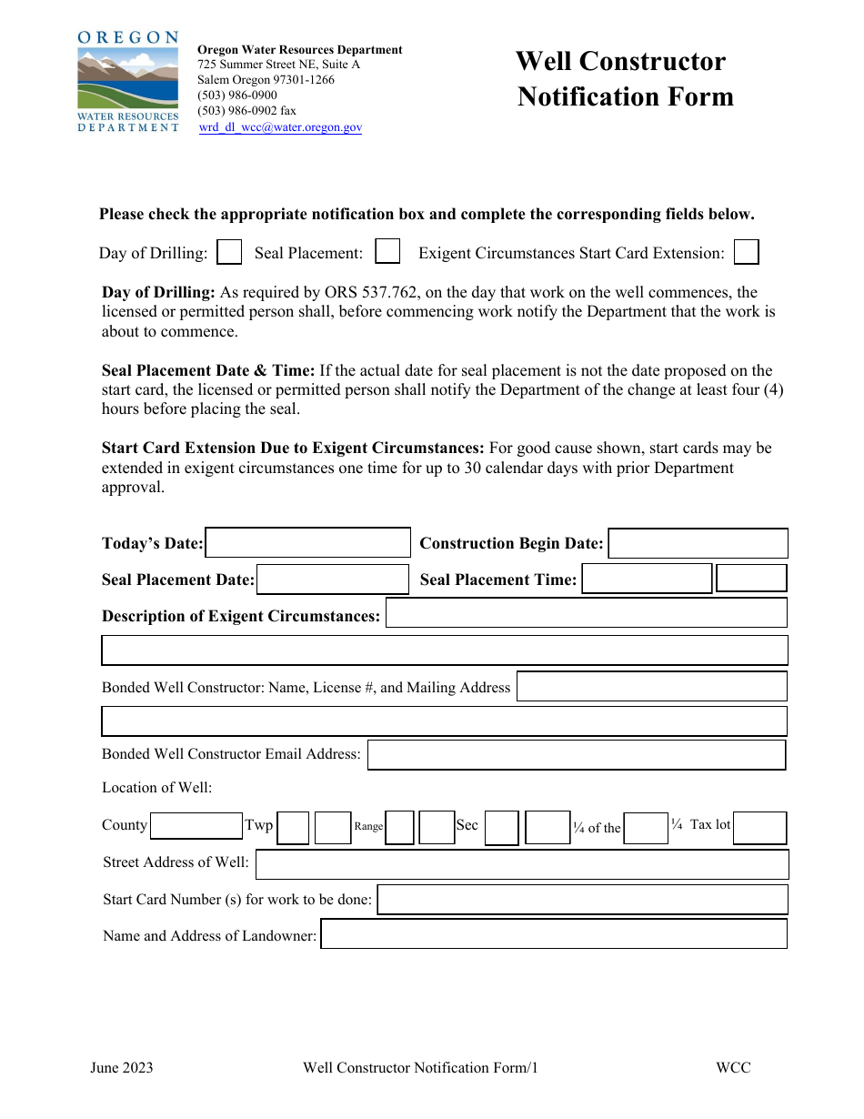 Well Constructor Notification Form - Oregon, Page 1