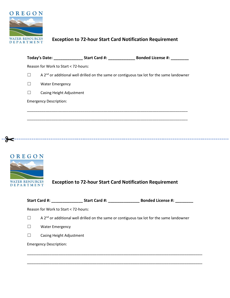 Exception to 72-hour Start Card Notification Requirement - Oregon, Page 1