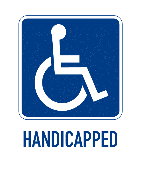 A stylized and recognizable handicap parking sign featuring a dark blue color scheme.