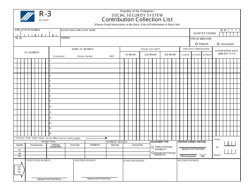 Form R-3 Contribution Collection List - Philippines, Page 1