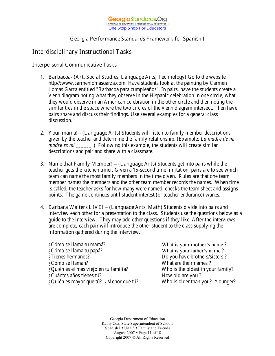 Spanish I Unit 3: Family and Friends - Georgia (United States), Page 11