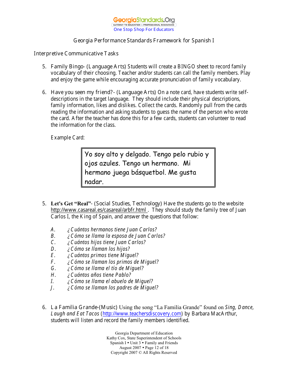 Spanish I Unit 3: Family and Friends - Georgia (United States), Page 12