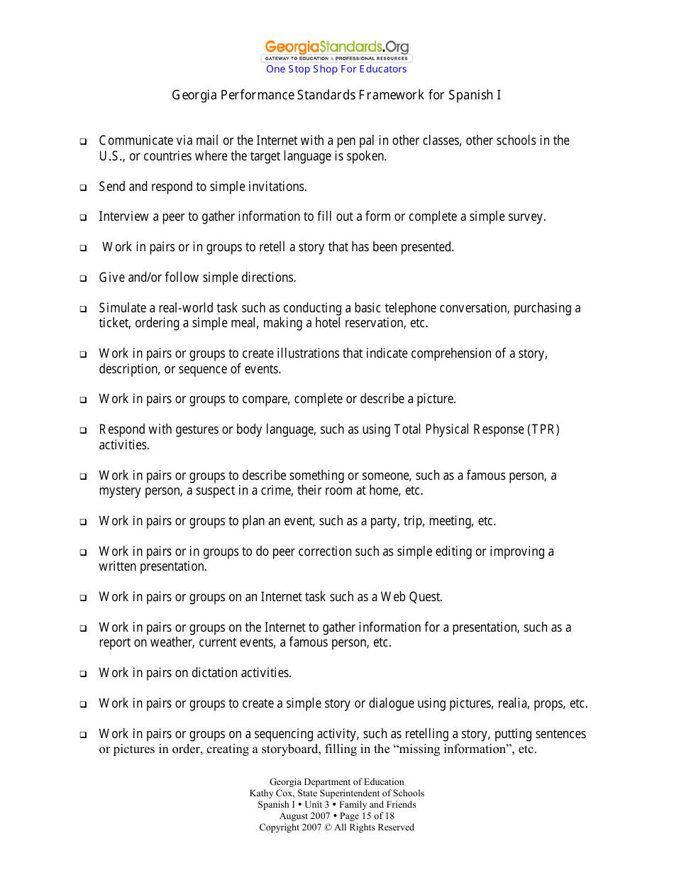 Spanish I Unit 3: Family and Friends - Georgia (United States), Page 15