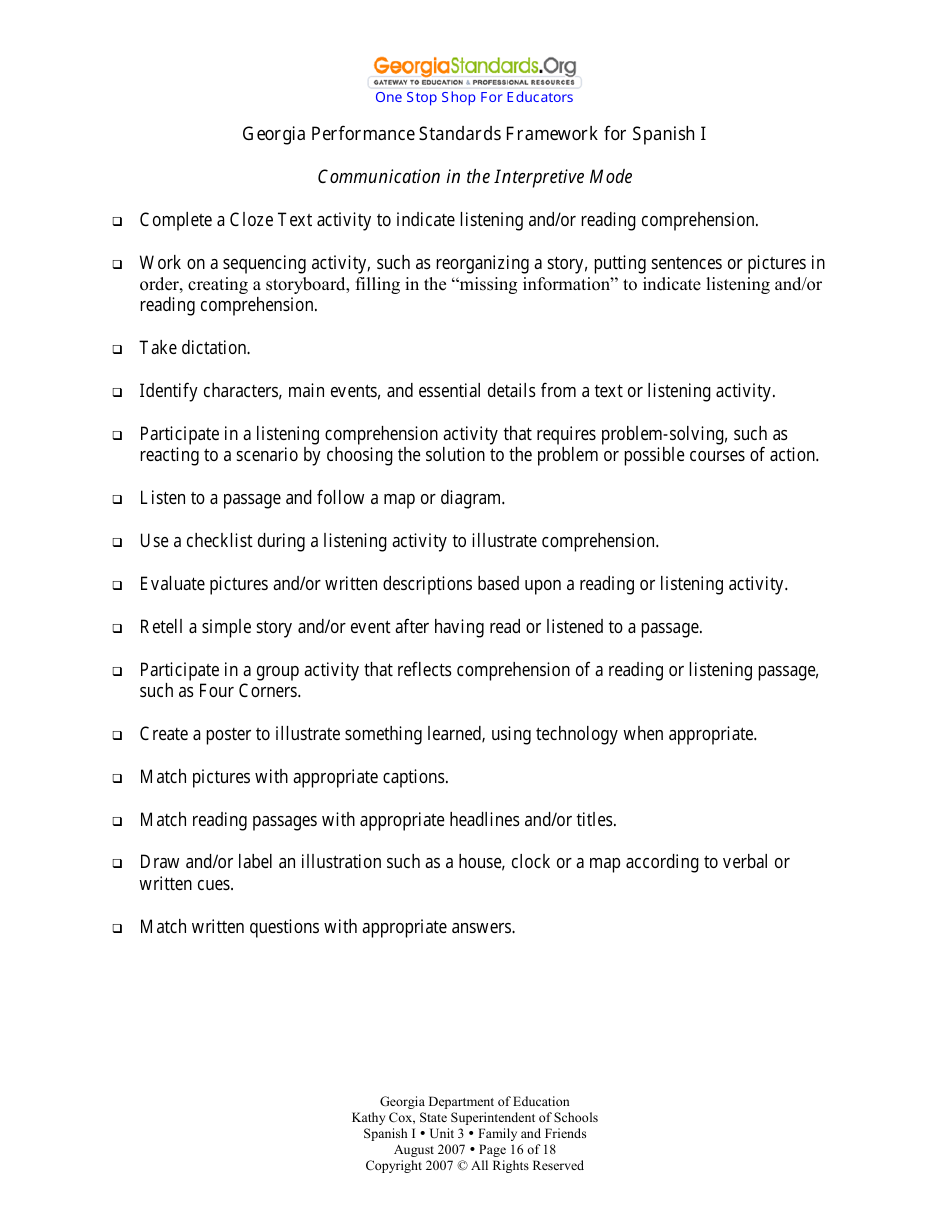 Spanish I Unit 3: Family and Friends - Georgia (United States), Page 16