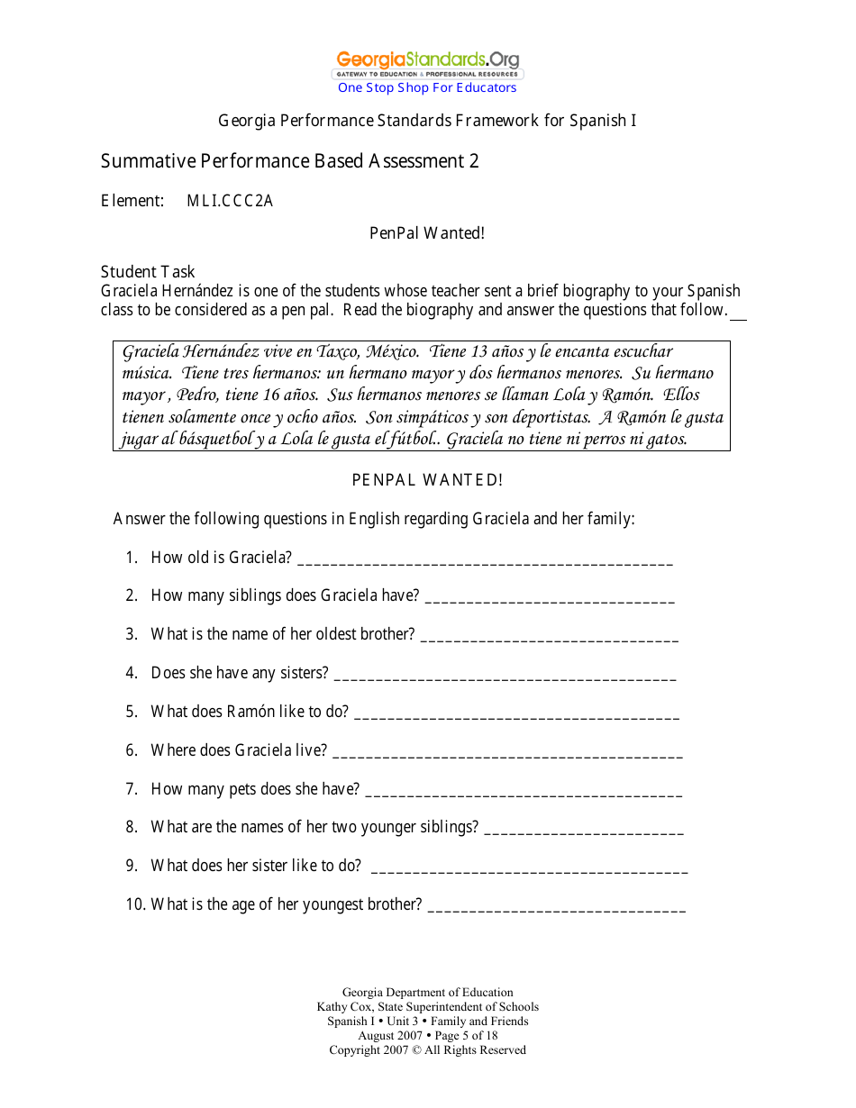 Spanish I Unit 3: Family and Friends - Georgia (United States), Page 5