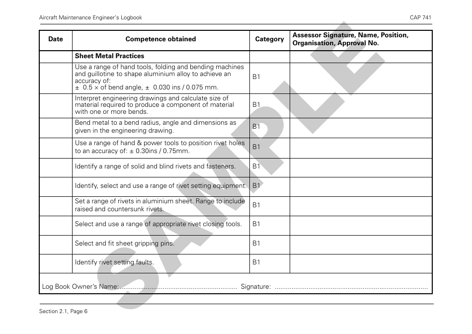 Form CAP741 Aircraft Maintenance Engineers Log Book - Sample - United Kingdom, Page 18