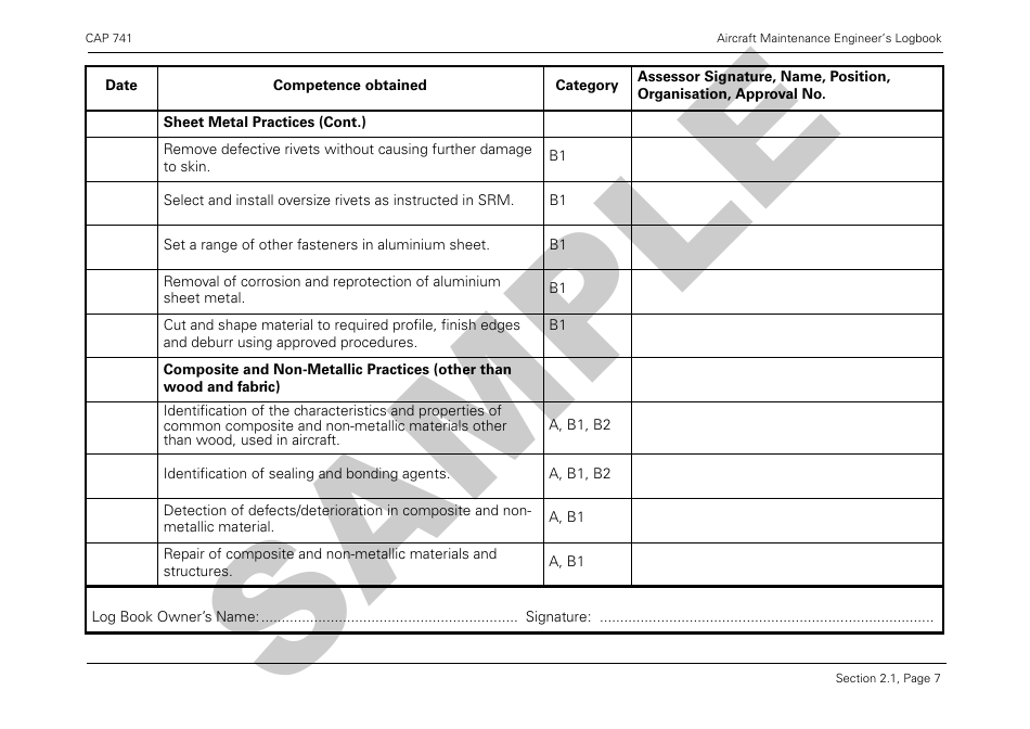 Form CAP741 Aircraft Maintenance Engineers Log Book - Sample - United Kingdom, Page 19