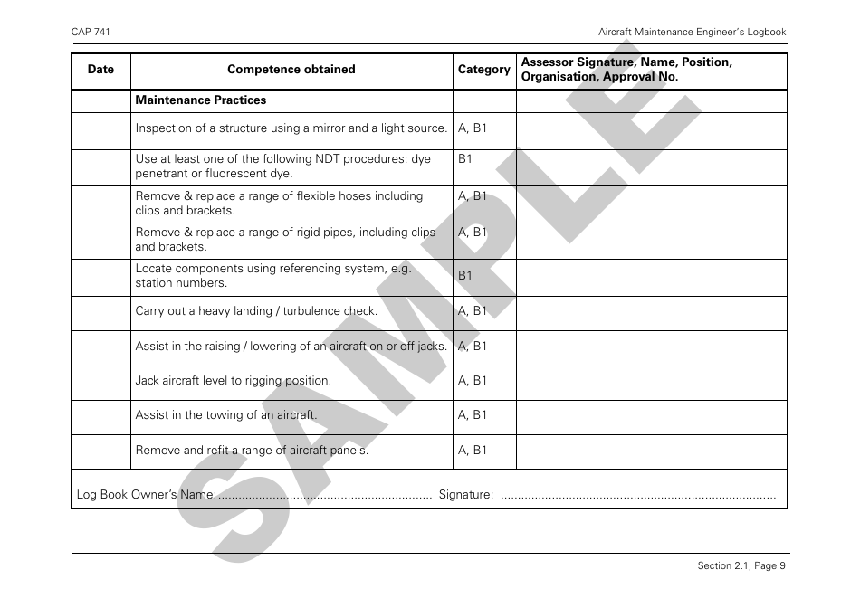 Form CAP741 Aircraft Maintenance Engineers Log Book - Sample - United Kingdom, Page 21