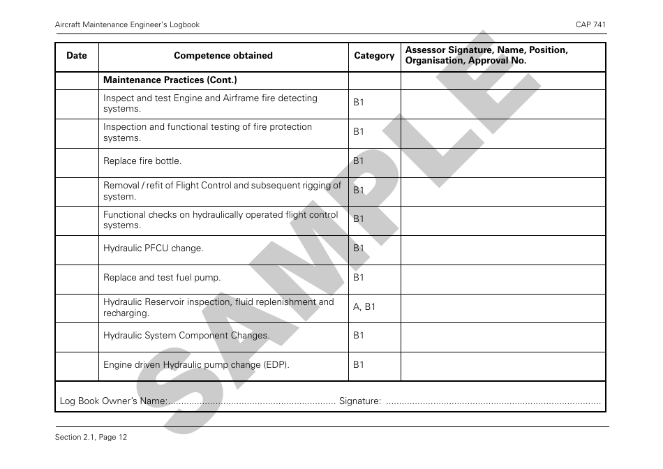 Form CAP741 Aircraft Maintenance Engineers Log Book - Sample - United Kingdom, Page 24