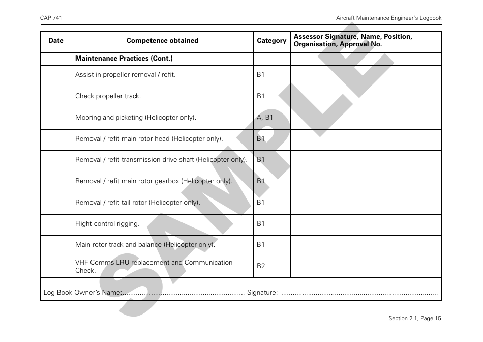 Form CAP741 Aircraft Maintenance Engineers Log Book - Sample - United Kingdom, Page 27