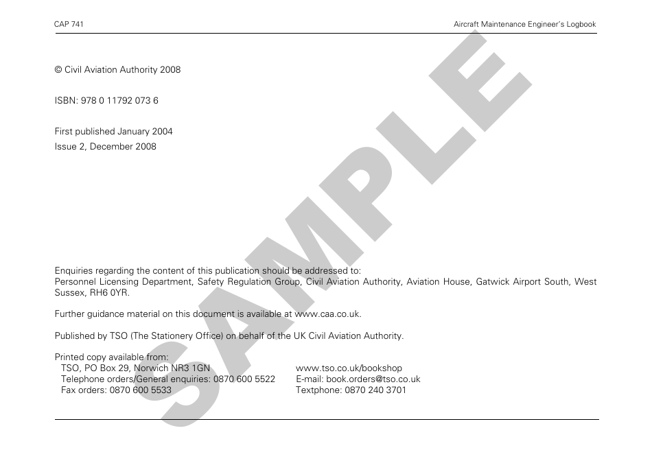 Form CAP741 Aircraft Maintenance Engineers Log Book - Sample - United Kingdom, Page 2
