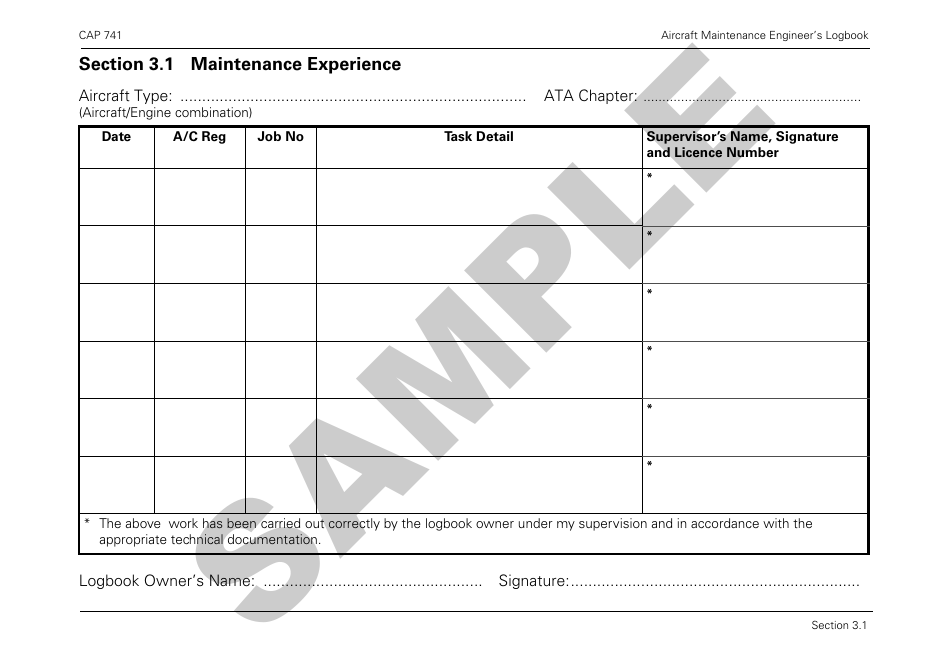 Form CAP741 Aircraft Maintenance Engineers Log Book - Sample - United Kingdom, Page 31