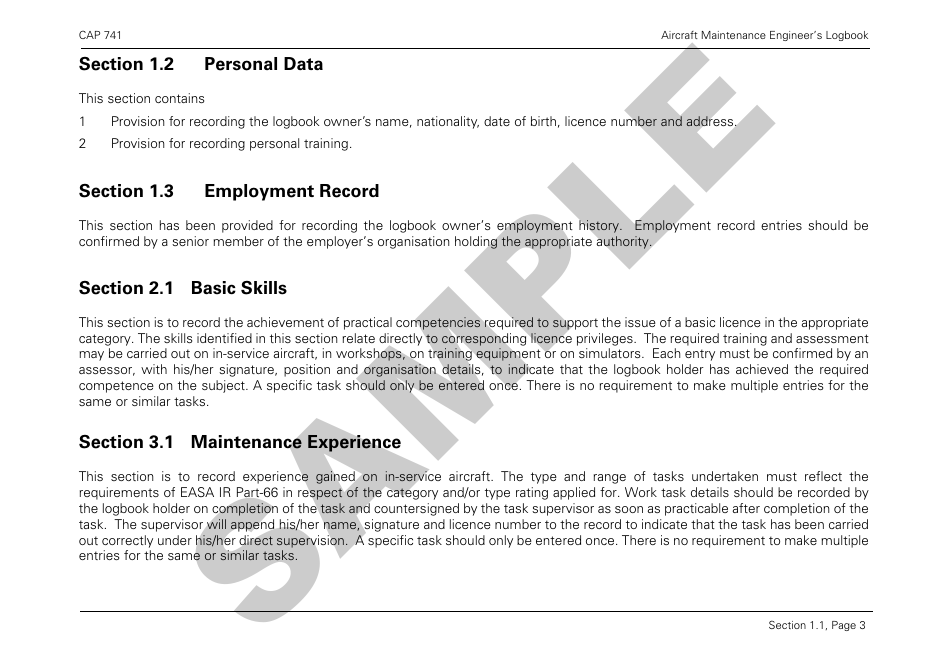 Form CAP741 Aircraft Maintenance Engineers Log Book - Sample - United Kingdom, Page 7