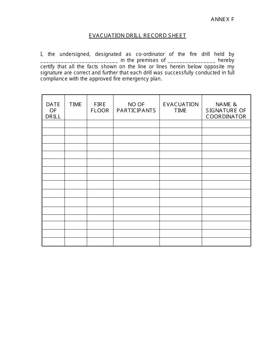Annex F Evacuation Drill Record Sheet - Singapore, Page 1