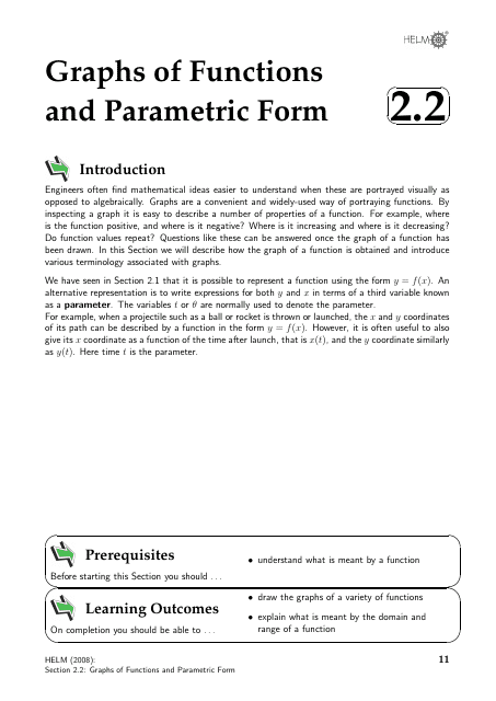 Helm Workbook Section 2.2: Graphs of Functions and Parametric Form