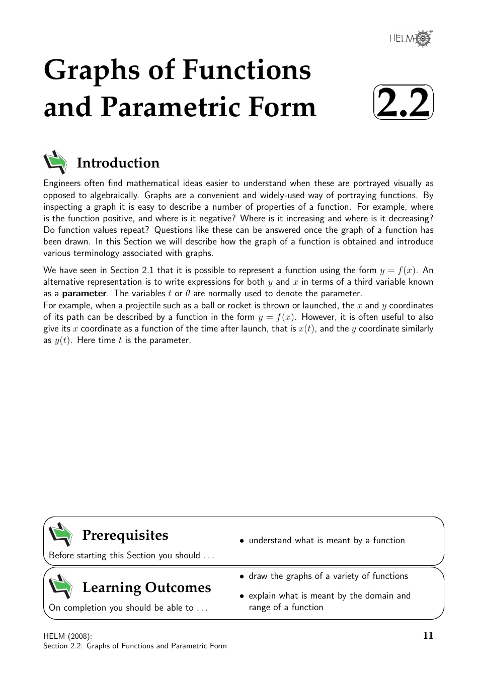 Helm Workbook Section 2.2: Graphs of Functions and Parametric Form, Page 1