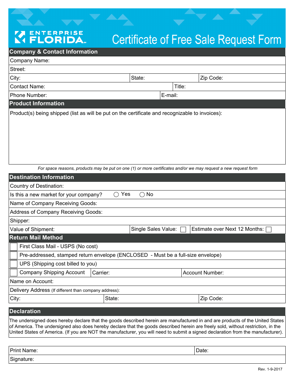 Certificate of Free Sale Request Form, Page 1