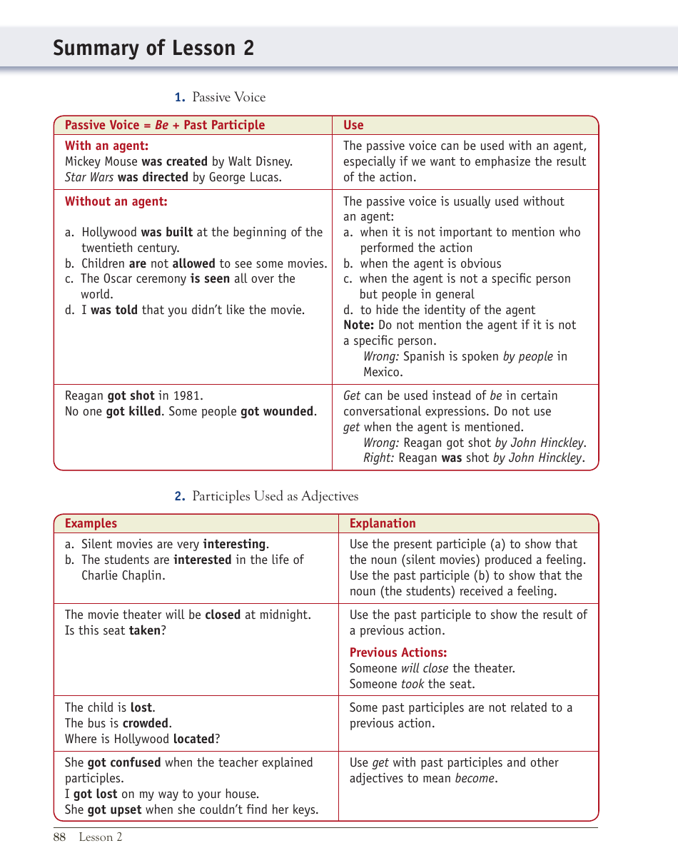 English Grammar Lesson: the Passive Voice; Participles Used as Adjectives; Get + Participles and Adjectives, Page 30
