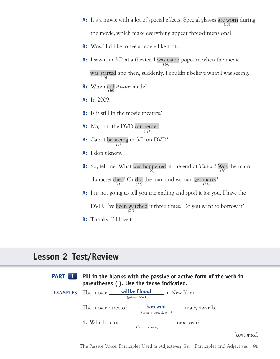 English Grammar Lesson: the Passive Voice; Participles Used as Adjectives; Get + Participles and Adjectives, Page 33