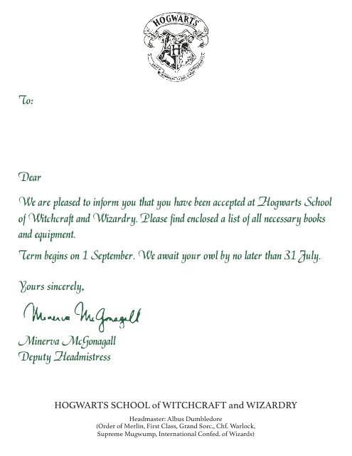 Hogwarts Letter Template with Green Text - High-quality preview image
