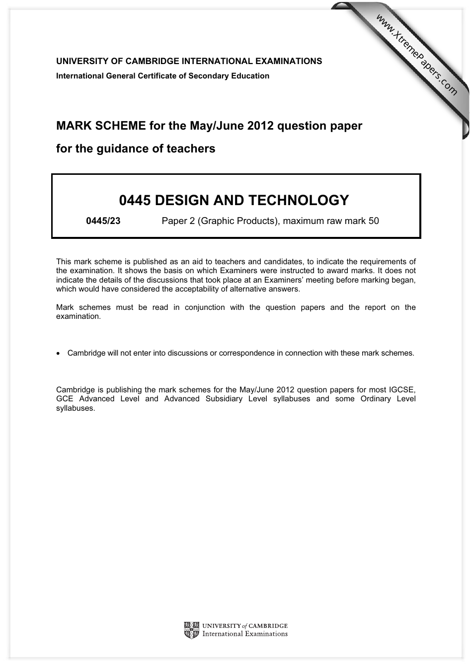 Design and Technology Mark Scheme - University of Cambridge International Examinations