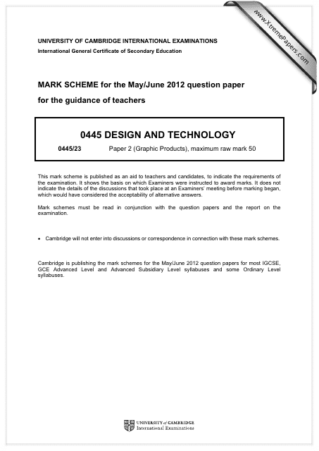 University of Cambridge International Examinations: Design and Technology - Mark Scheme for the May/June 2012 Question Paper