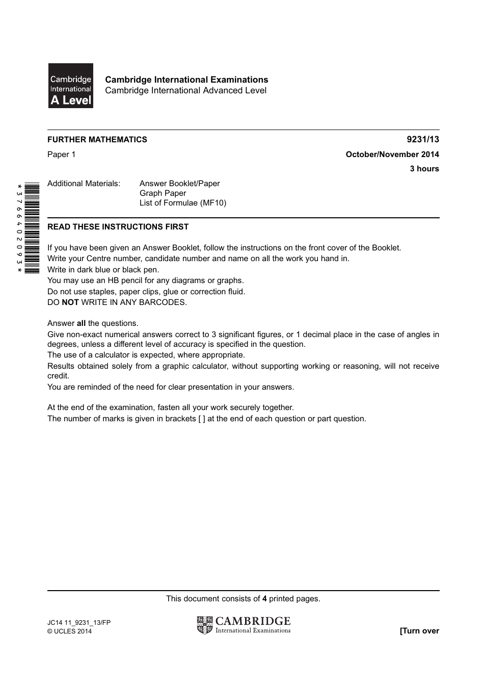 October/November 2014 Further Mathematics Paper 1 - Cambridge International Examinations