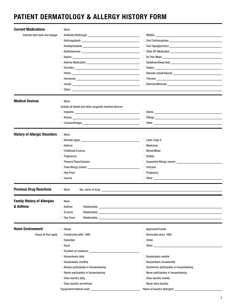 Patient Dermatology  Allergy History Form - Smartpractice, Page 2