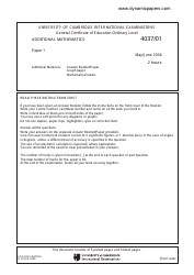May/June 2006 University of Cambridge International Examinations: Additional Mathematics Paper 1 - 4037/01