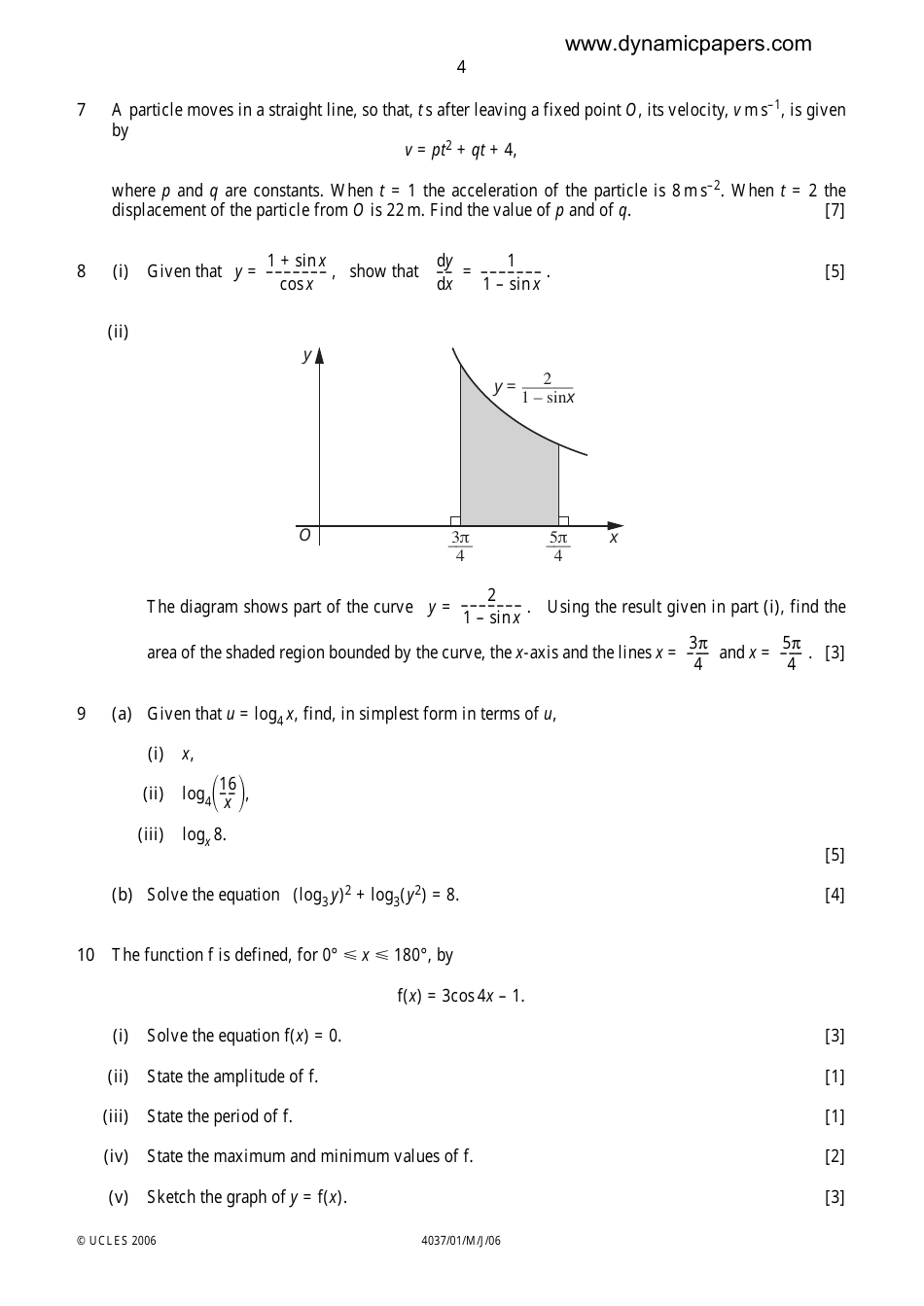 May / June 2006 University of Cambridge International Examinations: Additional Mathematics Paper 1 - 4037 / 01, Page 4