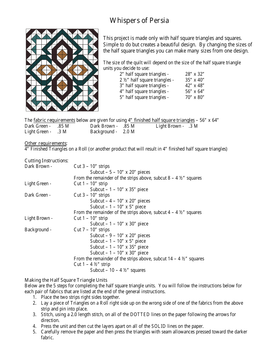 Whispers of Persia Quilt Pattern - A beautiful and vibrant quilt pattern inspired by the rich colors and cultural heritage of Persia. Contains detailed instructions and measurements to create an exquisite quilt that reflects the elegance and mystique of Persia's whispers.