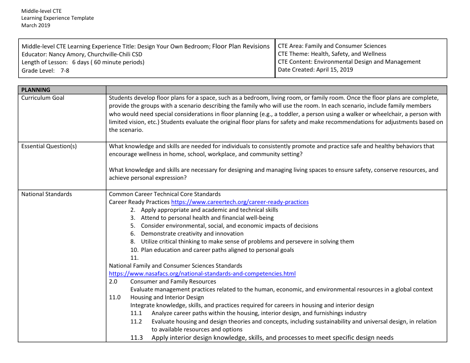 Middle-Level Cte Learning Experience Template - Design Your Own Bedroom; Floor Plan Revisions - New York, Page 1