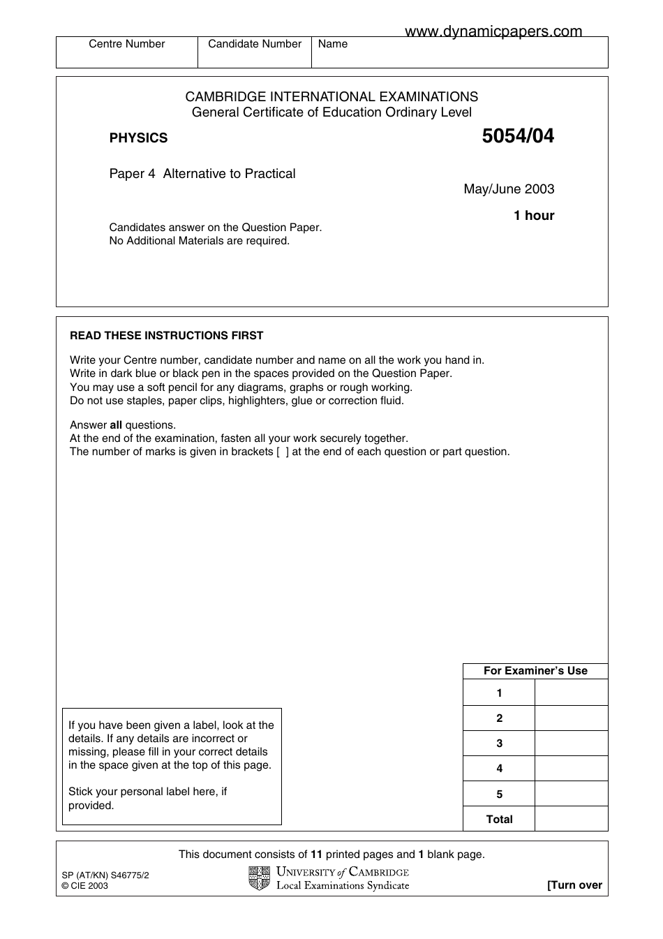 Cambridge International Examinations: Physics Paper 4 - Alternative to ...