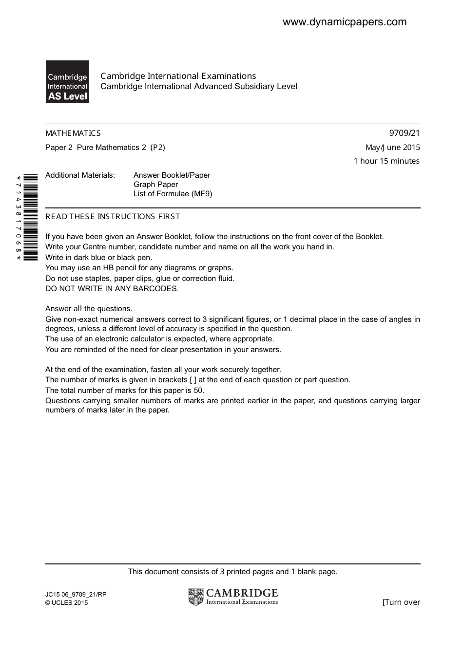 Mathematics Paper 2 Pure Mathematics 2 (P2) - May/June 2015 Cambridge International Examinations