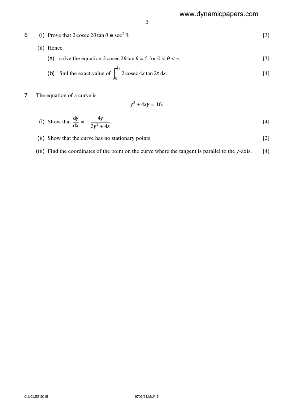 May / June 2015 Cambridge International Examinations: Mathematics Paper 2 Pure Mathematics 2 (P2), Page 3