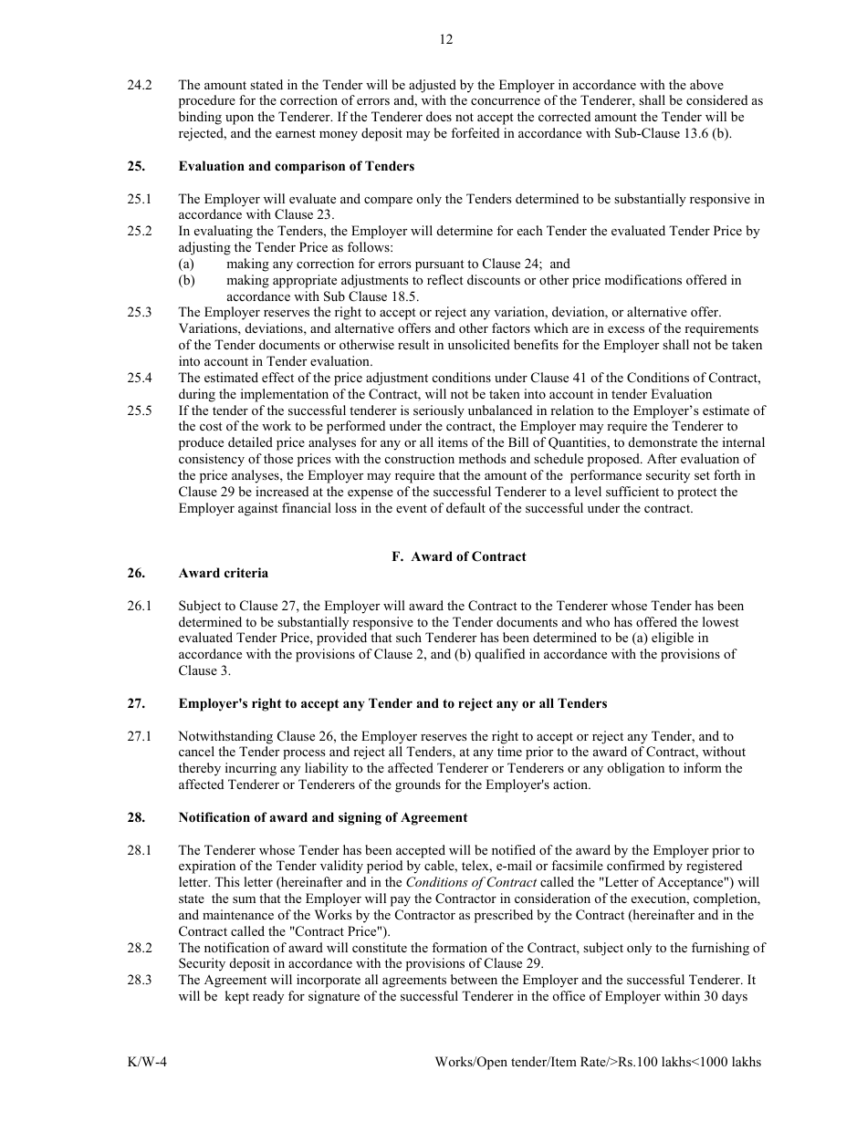 Annexure K / W-4 Open Tender - Item Rate Rs. 100 Lakhs Rs.1000 Lakhs - Karnataka, India, Page 12